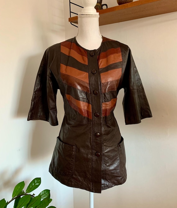 VINTAGE 1970s Leather Patchwork Jacket / Mini Dre… - image 1