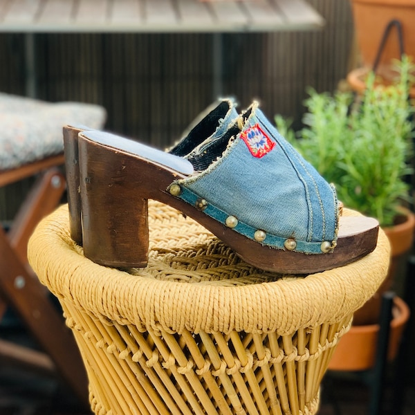 VTG 1970s Denim & Wooden PLATFORM Clogs