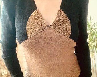 VINTAGE 70s does 40s Gold Beaded Sweater/ Jumper/ Knit