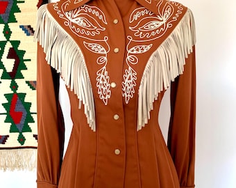 VINTAGE 1940s RANCH MAID Gabardine Western Shirt With White Leather Fringes