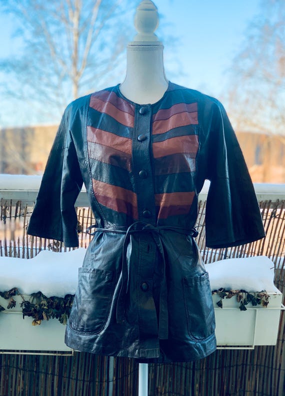 VINTAGE 1970s Leather Patchwork Jacket / Mini Dre… - image 12