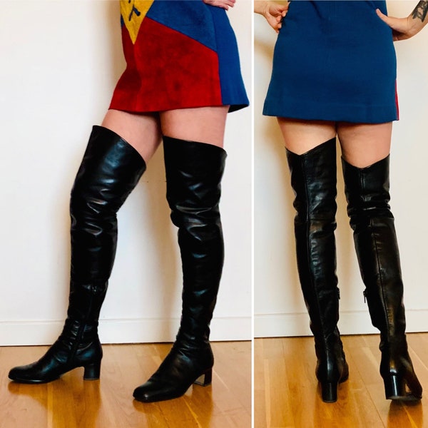 VINTAGE 1960s Black Leather Thigh High Go-go Boots