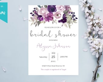 Plum Floral Bridal Shower Invitation: Lilac Purple, Editable DIY Template (Digital Download)