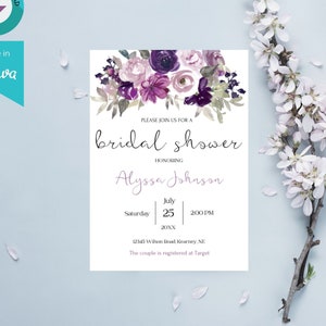 Plum Lilac Floral Editable Bridal Shower Invitation, Purple Lavender Shower Invite DIY Template, Printable, Foliage Instant Download LILAH