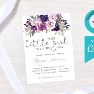 Floral Baby Shower Invitation Template: Purple Lavender (Digital Download)