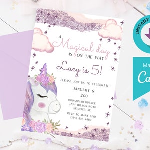 Unicorn Invitation, Unicorn Birthday Invitation, Party Invitation, Magical Unicorn, Digital File, Invite Template, Purple and Pink Birthday