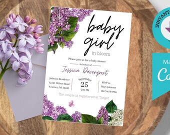 May include: A baby shower invitation with a floral design featuring purple and white flowers. The invitation reads "baby girl in bloom" and includes the date, time, and location of the shower. The text also includes the name of the guest of honor, Jessica Davenport, and the RSVP information.