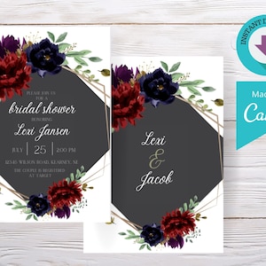 Printable Bridal Shower Invitation Template Download, Maroon and Navy ...