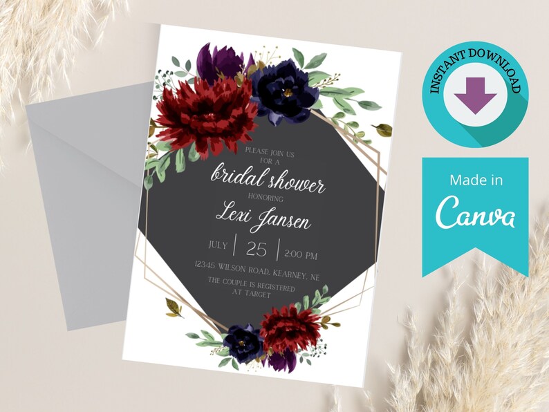 Printable Bridal Shower Invitation Template Download, Maroon and Navy ...