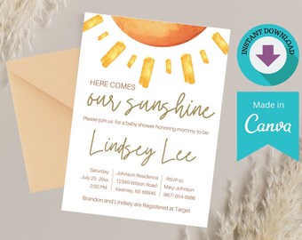 Sunshine Baby Shower Invitation Template: Editable Printable (Instant Download)