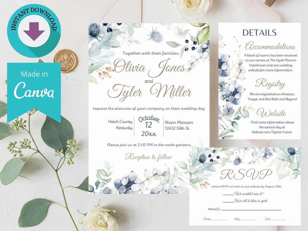 Printable Wedding Invitation Set Template Download, Wedding Invites ...