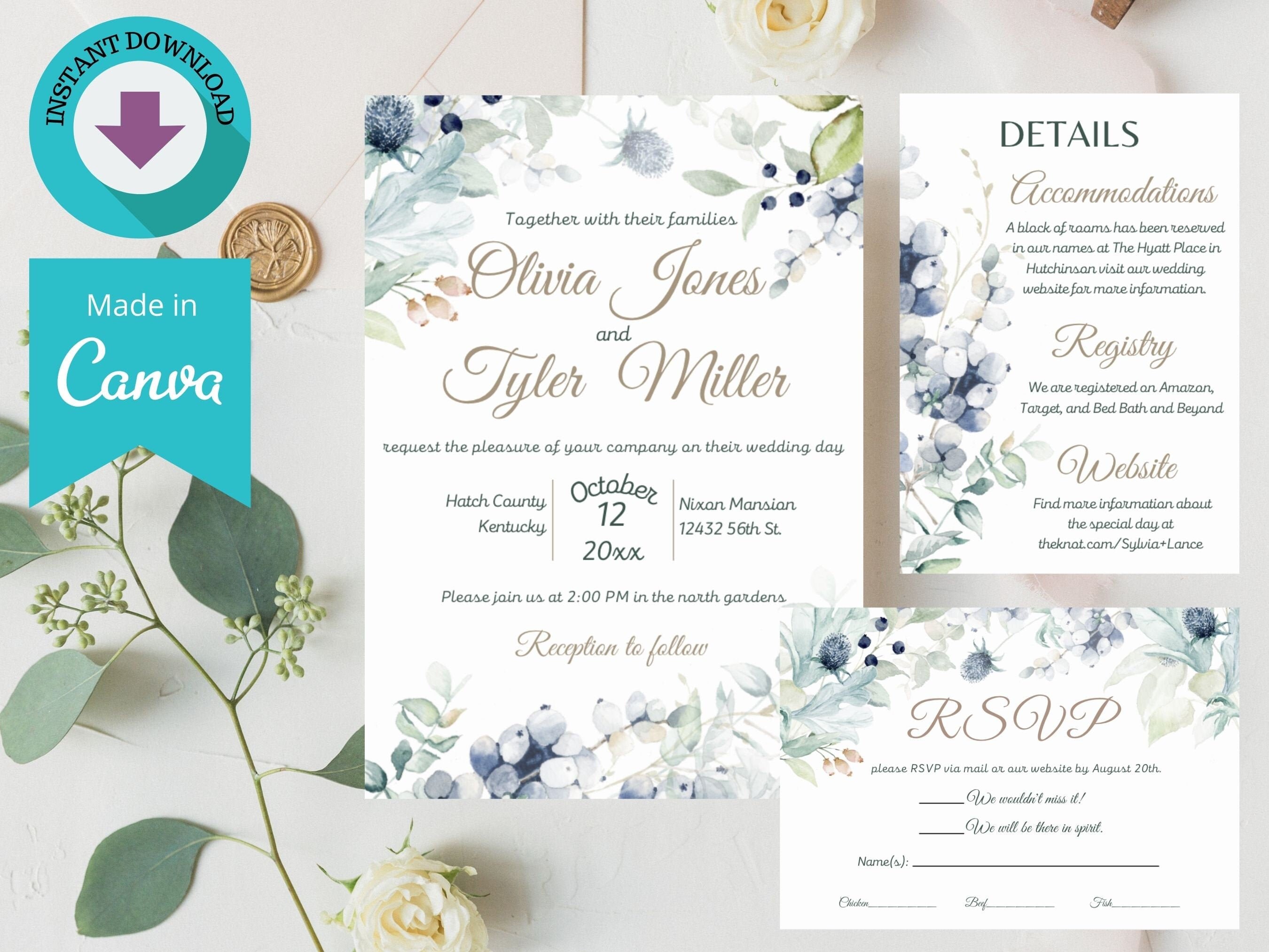 Printable Wedding Invitation Set Template Download, Wedding Invites ...