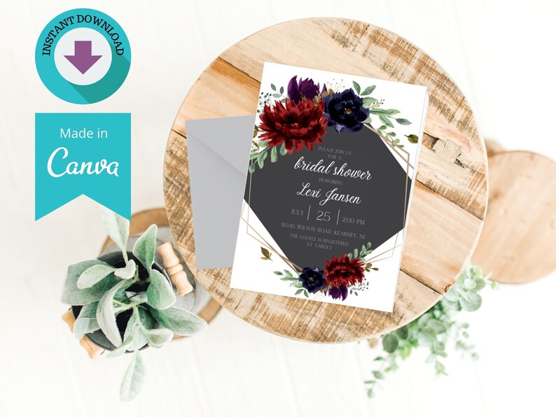 Printable Bridal Shower Invitation Template Download, Maroon and Navy ...