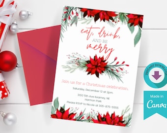 Può includere: Un invito a una festa di Natale bianco con illustrazioni di stella di Natale rossa e rami di pino verdi. Il testo recita "eat, drink, and be merry". L'invito include i dettagli per una celebrazione natalizia il 12 dicembre alle 14:00.