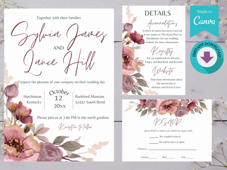 Printable Wedding Invitation Set Template Download Wedding - Etsy