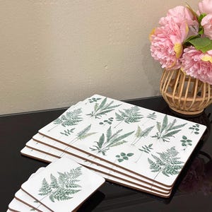 May include: A set of rectangular placemats and square coasters featuring a white surface with a green fern leaf pattern. The items are stacked, showing a brown edge, and display various botanical illustrations of different fern species.