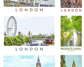 Set of 6 London Postcards, London Cards, London Prints, London Souvenir, London Vintage Prints, London Wall Art, London Skyline, London Art