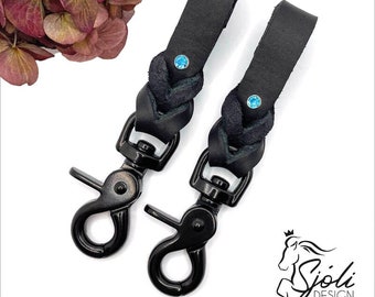 Stirrup holders (pair) with ICE BLUE rhinestones made of greased leather