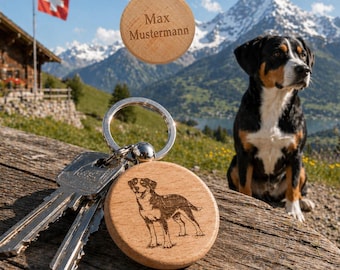 Houten sleutelhanger met Entlebucher Sennenhond-motief – personaliseerbaar met gravure | Cadeau voor hondenliefhebbers | Entlebucher Sennenhond