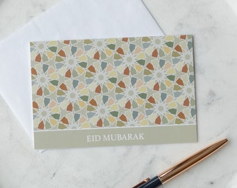 Eid Mubarak Greeting Cards Pack of 10 - Islamic Stationery - Modern Design - Muslim Gift - Month of Ramadan - Mosaic Theme - English