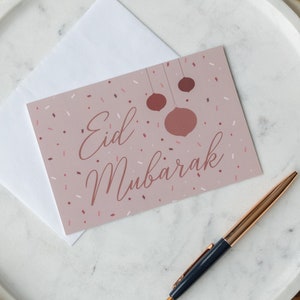 Lot de 10 cartes de vœux Eid Mubarak - Papeterie islamique - Design moderne - Cadeau musulman - Mois du Ramadan - Thème des confettis roses - Anglais