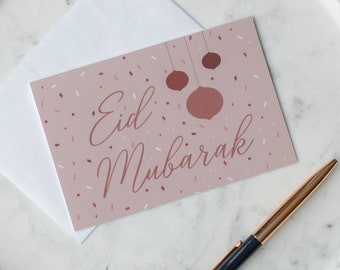 Eid Mubarak Greeting Cards Pack of 10 - Islamic Stationery - Modern Design - Muslim Gift - Month of Ramadan - Pink Confetti Theme - English
