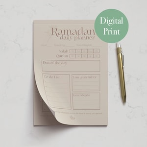 May include: A printable Ramadan daily planner with sections for Salat, Quran, Dua of the day, To do list, I am grateful for, and Good deeds. The planner is beige with brown text and a floral design.