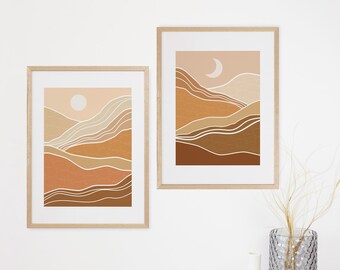 Set of 2 Printed Islamic Posters - Muslim Posters - Arabic Calligraphy - Orange Mountain Boho Design - Islamic Gift