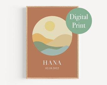 Custom Baby Name Digital Print - Printable Nursery Wall Art- Boho Unisex Decor - Customizable - Personalized Bohemian Sunset