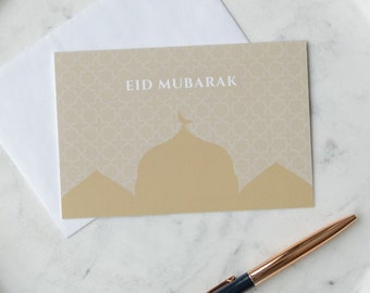 Eid Mubarak Greeting Cards Pack of 10 - Gold Mosque Theme - Islamic Stationery - Modern Design - Muslim Gift - Month of Ramadan - English