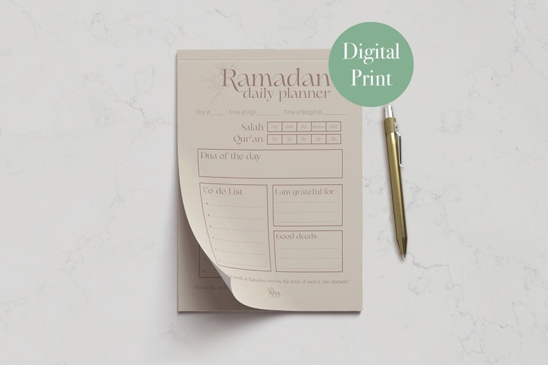 May include: A printable Ramadan daily planner with sections for Salat, Quran, Dua of the day, To do list, I am grateful for, and Good deeds. The planner is beige with brown text and a floral design.