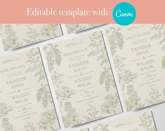 Sage Editable Nikkah Wedding Islamic Invitation - Green Floral Design Printable Template -  Editable with Canva - Muslim Engagement - Nikkah