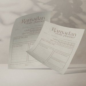 May include: Two printable Ramadan daily planner pages with sections for prayer, Quran reading, duas, to-do lists, and gratitude.