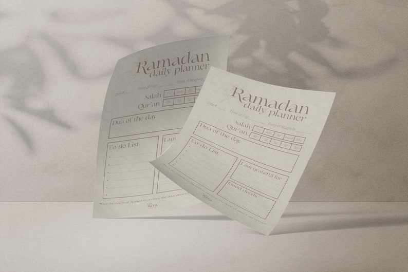 May include: Two printable Ramadan daily planner pages with sections for prayer, Quran reading, duas, to-do lists, and gratitude.