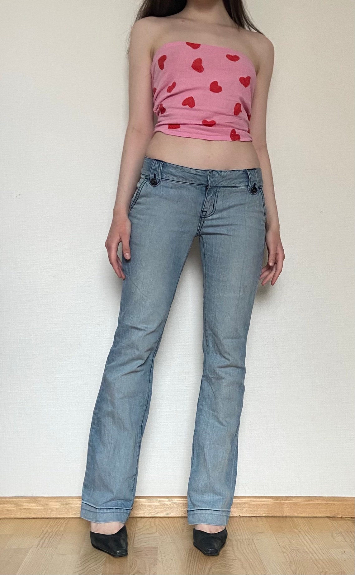 light blue flared trousers