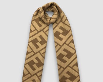 Vintage Fendi Scarf Brown Zucca Monogram 100% Wool, Authentic Made