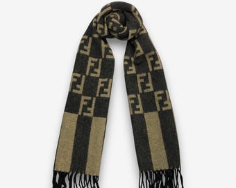 小物 FENDI Monogram Scarf Made in Italy Vintage Fendi Scarf Brown Zucca Monogram 100% Wool, Authentic Made