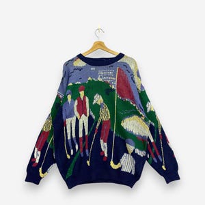 Vintage 70s Siegfried Golf Sweater Large Knit Pullover Colorful Scene Graphic Sweatshirt Cotton Crewneck Novelty Sportswear Size L