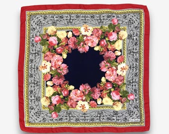 Vintage Pierre Cardin Silk Scarf, Red Pink Floral Twill Scarves, Baroque Pattern Foulard, Romantic Square Wrap, Classic Neck Accessories