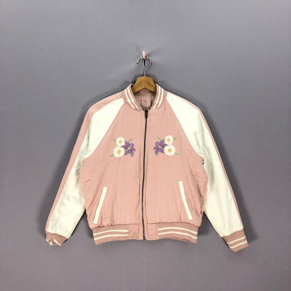 Vintage Japanese Satin Reversible Sukajan Jacket Flowers Embroidery Jacket Ladies Bomber Jacket Baseball Jacket Womens Jacket Small Size S