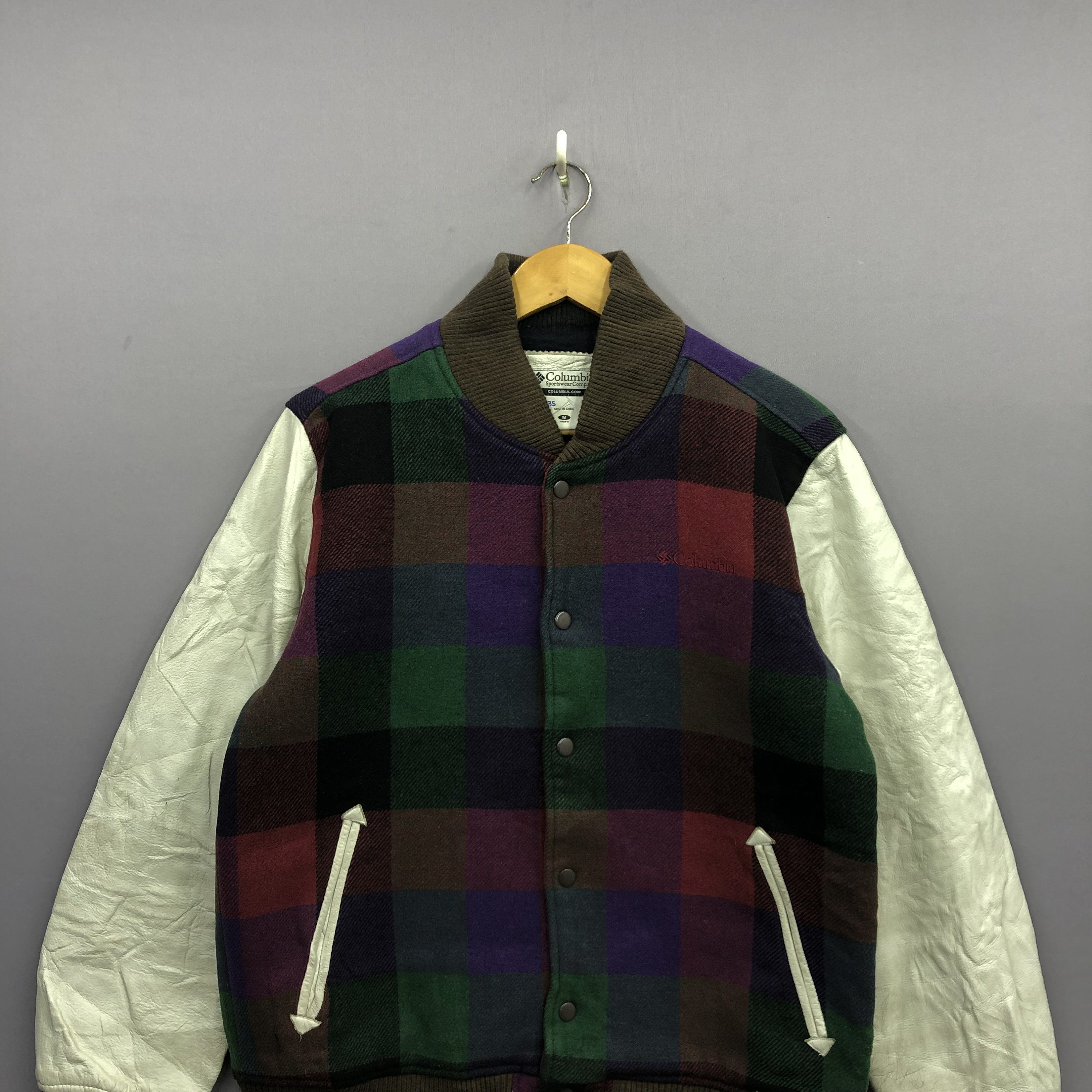 Vintage Columbia Plaid Leather Varsity Jacket 90s Letterman Bomber  