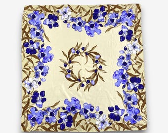 Vintage Anne Klein Silk Scarf, Blue Beige Floral Twill Scarves, Botanical Foulard, Romantic Square Wrap, Cottagecore Neck Accessories