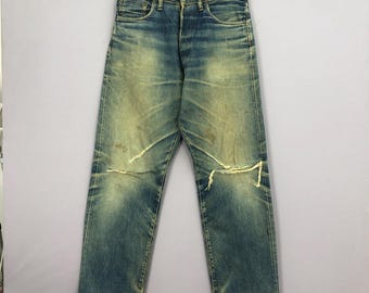Jeans vintage Evisu Selvedge W31, anni '90, strappati, lavaggio fango, denim sbiadito, pantaloni boyfriend da donna giapponesi a vita alta, taglia 31x33