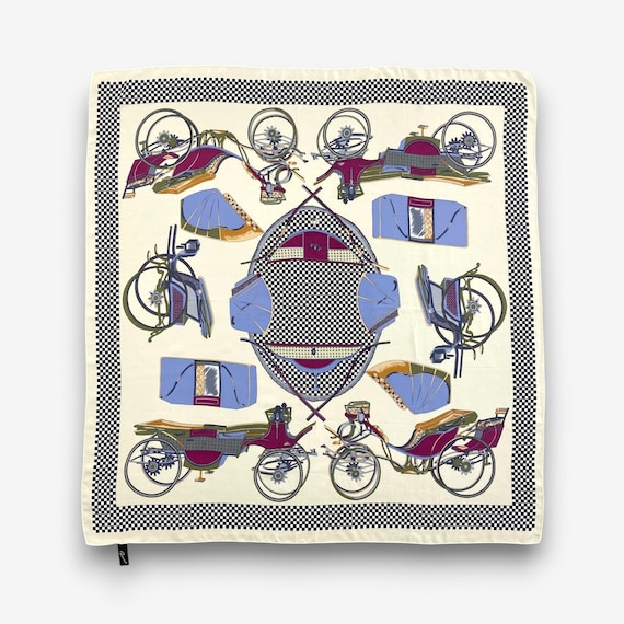 Vintage Recuerdo Silk Scarf, Purple Horse Carriage Print, Large Square Twill Silk Wrap, Checkered Border Scarf, Handrolled Hem Muffler