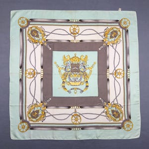 Vintage Chain Carriage Silk Scarf, Vintage Silk Neck Scarf, Vintage 90s Twill Stole Silk Muffler, Vintage Classic Wraps Silky Shawl Scarves