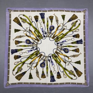 Vintage Tasseled Motif Silk Scarf, Vintage Square Neck Scarf, Vintage 90s Twill Stole Silk Muffler Classic Wraps Shawl Scarves