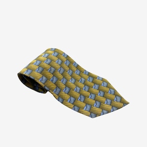 Puede incluir: Una corbata amarilla con un patrón repetitivo de cuadrados azules y amarillos. La corbata está hecha de tela tejida y está ligeramente inclinada hacia la izquierda. Un accesorio clásico.