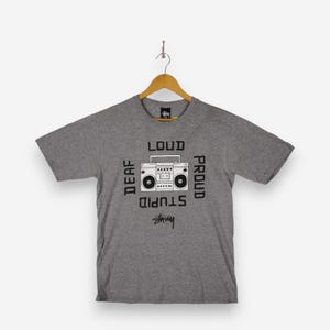 Vintage 90s Stussy x David Shrigley T-Shirt Gray Stussy Tee Small Boombox Loud Proud Stupid Deaf Skate Streetwear Hip Hop Swag Size S