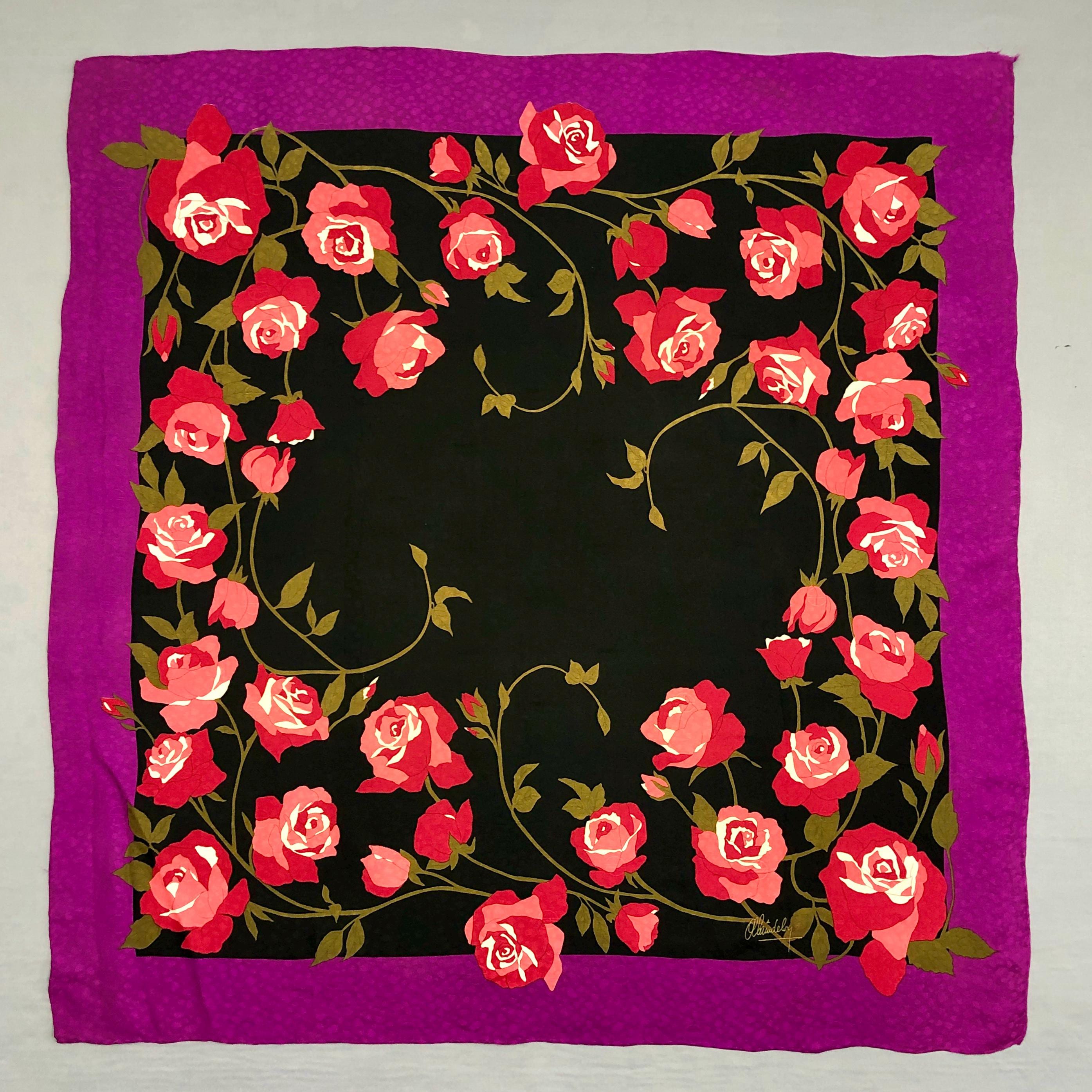 Vintage Alain Delon Silk Scarf, Vintage Floral Silk Neck Scarf