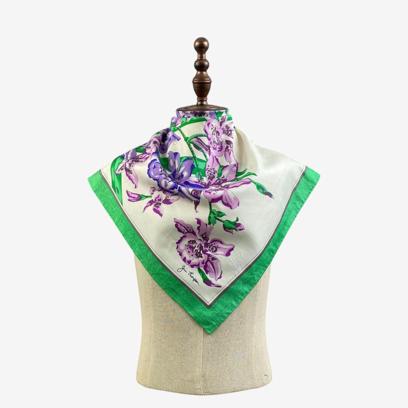Vintage Jim Thompson sidenhalsduk, lilagröna blommönster twill silkeslena halsdukar, Cottagecore handrullad fåll halsduk accessoarer halsdukar bild 2
